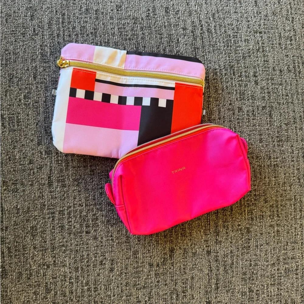Trina Turk Pink and Red Cosmetic Bag Set with Bold Geometric Design